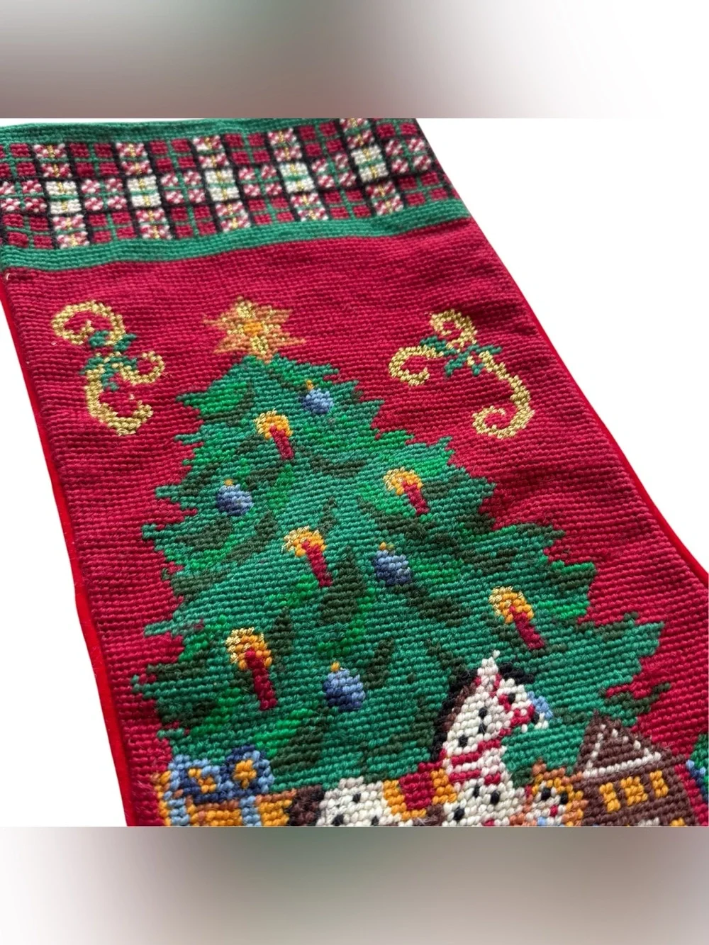 Vintage Wool Needlepoint Christmas Stocking Nutcracker Fir Grandmillennial Decor